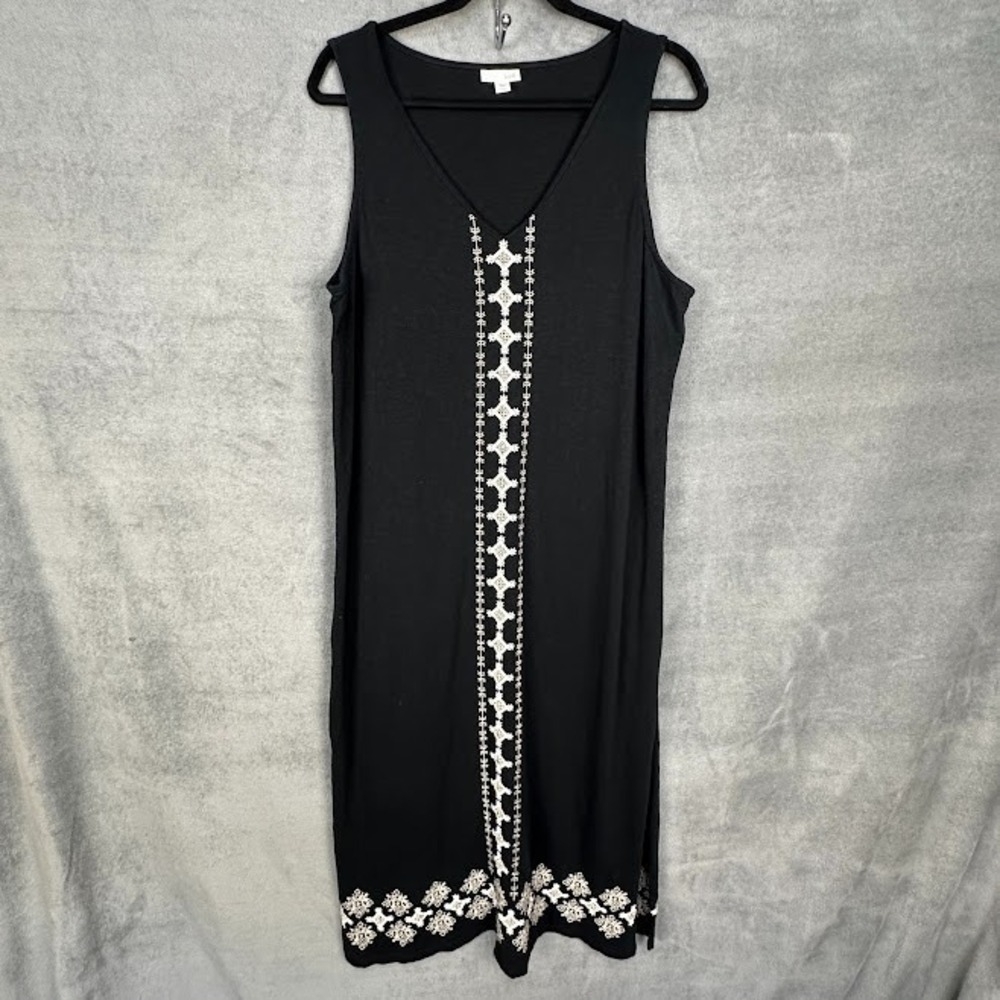 J Jill Dress Women Large Petite Black Embroidered Sleeveless Maxi Comfort Resort